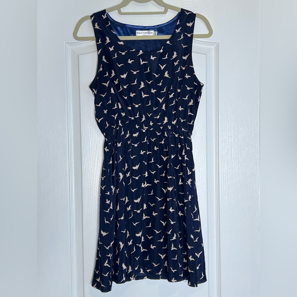 Elegant Navy Blue Bird Print Mini Dress